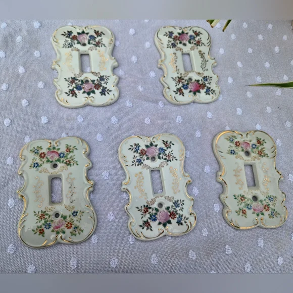 VTG Set of 5 Arnart Japan Porcelain Floral Light Switch Covers | Gold Gilt S7310 - Picture 2 of 14